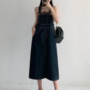 American Retro Denim Suspender Dress for Women - Loose Slimming Long Strap Design for Spring Autumn 2024, Perfect for Petite Sizes