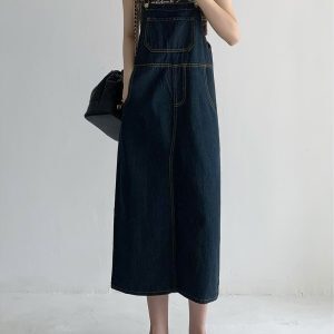 American Retro Denim Suspender Dress for Women - Loose Slimming Long Strap Design for Spring Autumn 2024, Perfect for Petite Sizes