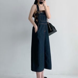 American Retro Denim Suspender Dress for Women - Loose Slimming Long Strap Design for Spring Autumn 2024, Perfect for Petite Sizes