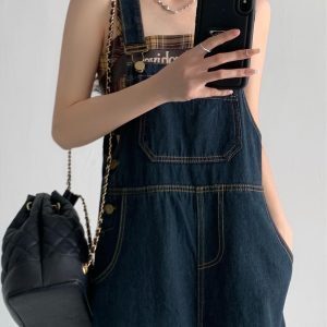 American Retro Denim Suspender Dress for Women - Loose Slimming Long Strap Design for Spring Autumn 2024, Perfect for Petite Sizes