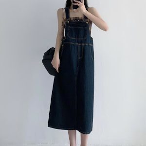 American Retro Denim Suspender Dress for Women - Loose Slimming Long Strap Design for Spring Autumn 2024, Perfect for Petite Sizes