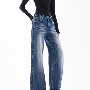 American Retro Flared Wide-Leg Jeans for Women - Washed Light Blue Loose Fit Slimming Floor-Length Pants