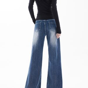 American Retro Flared Wide-Leg Jeans for Women - Washed Light Blue Loose Fit Slimming Floor-Length Pants