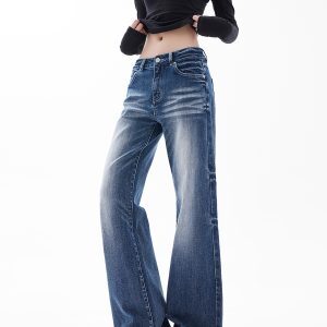 American Retro Flared Wide-Leg Jeans for Women - Washed Light Blue Loose Fit Slimming Floor-Length Pants