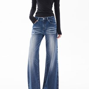 American Retro Flared Wide-Leg Jeans for Women - Washed Light Blue Loose Fit Slimming Floor-Length Pants