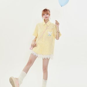 American Retro Fun Bear Embroidered Short Sleeve Shirt for Women in Milk Yellow Polka Dot College Style