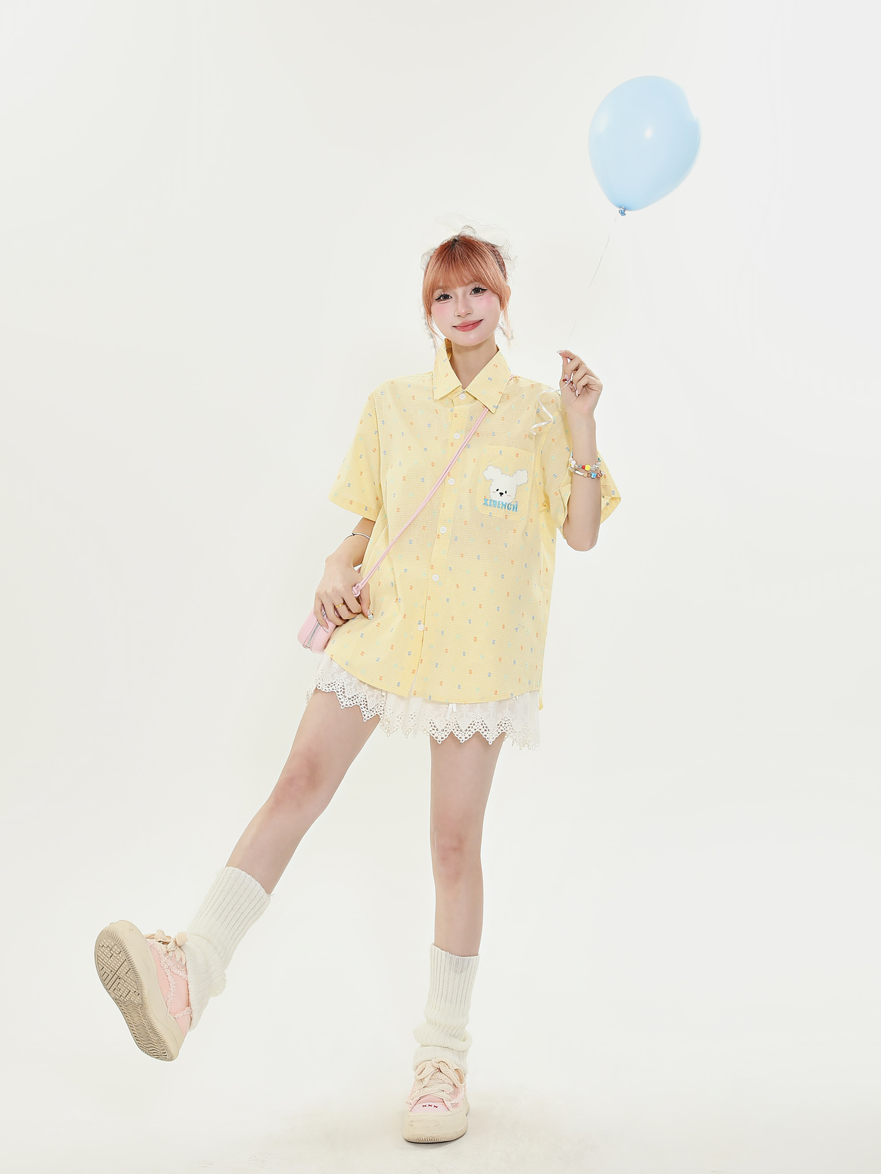 American Retro Fun Bear Embroidered Short Sleeve Shirt for Women in Milk Yellow Polka Dot College Style