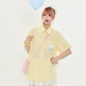 American Retro Fun Bear Embroidered Short Sleeve Shirt for Women in Milk Yellow Polka Dot College Style