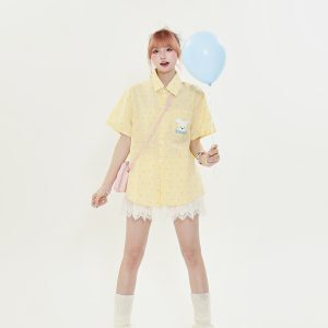 American Retro Fun Bear Embroidered Short Sleeve Shirt for Women in Milk Yellow Polka Dot College Style