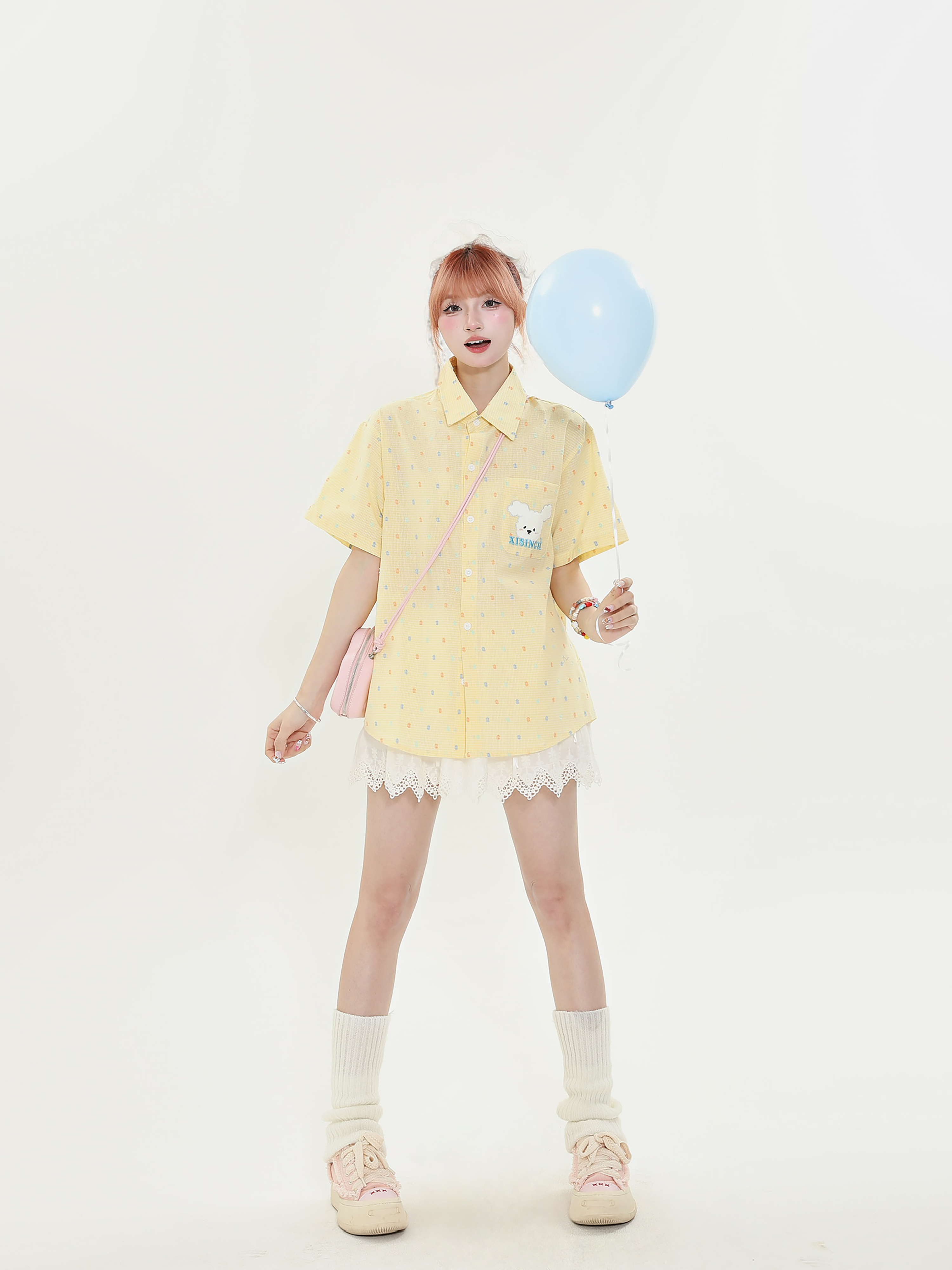 American Retro Fun Bear Embroidered Short Sleeve Shirt for Women in Milk Yellow Polka Dot College Style