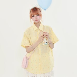 American Retro Fun Bear Embroidered Short Sleeve Shirt for Women in Milk Yellow Polka Dot College Style