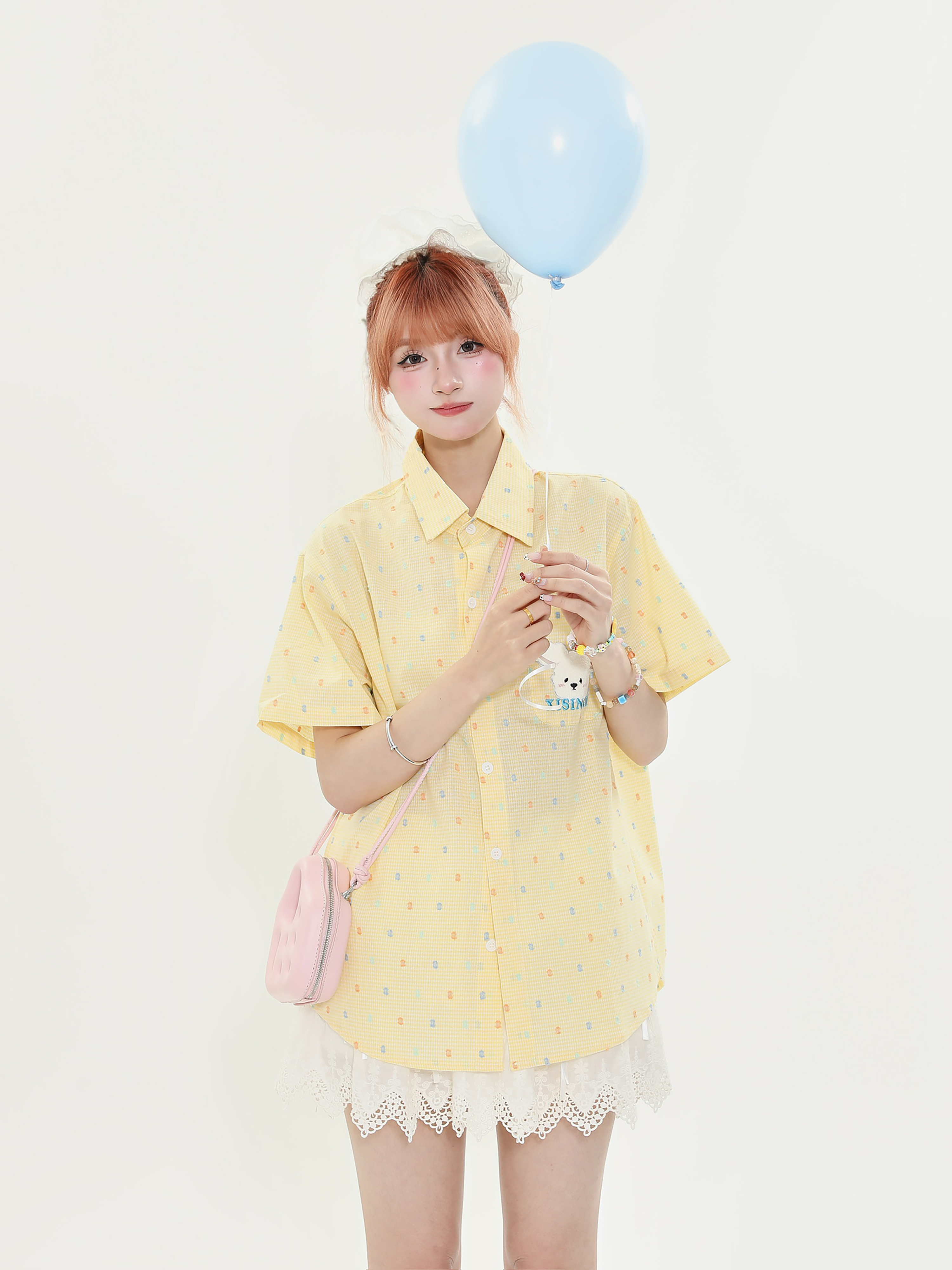 American Retro Fun Bear Embroidered Short Sleeve Shirt for Women in Milk Yellow Polka Dot College Style