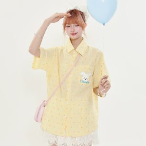 American Retro Fun Bear Embroidered Short Sleeve Shirt for Women in Milk Yellow Polka Dot College Style