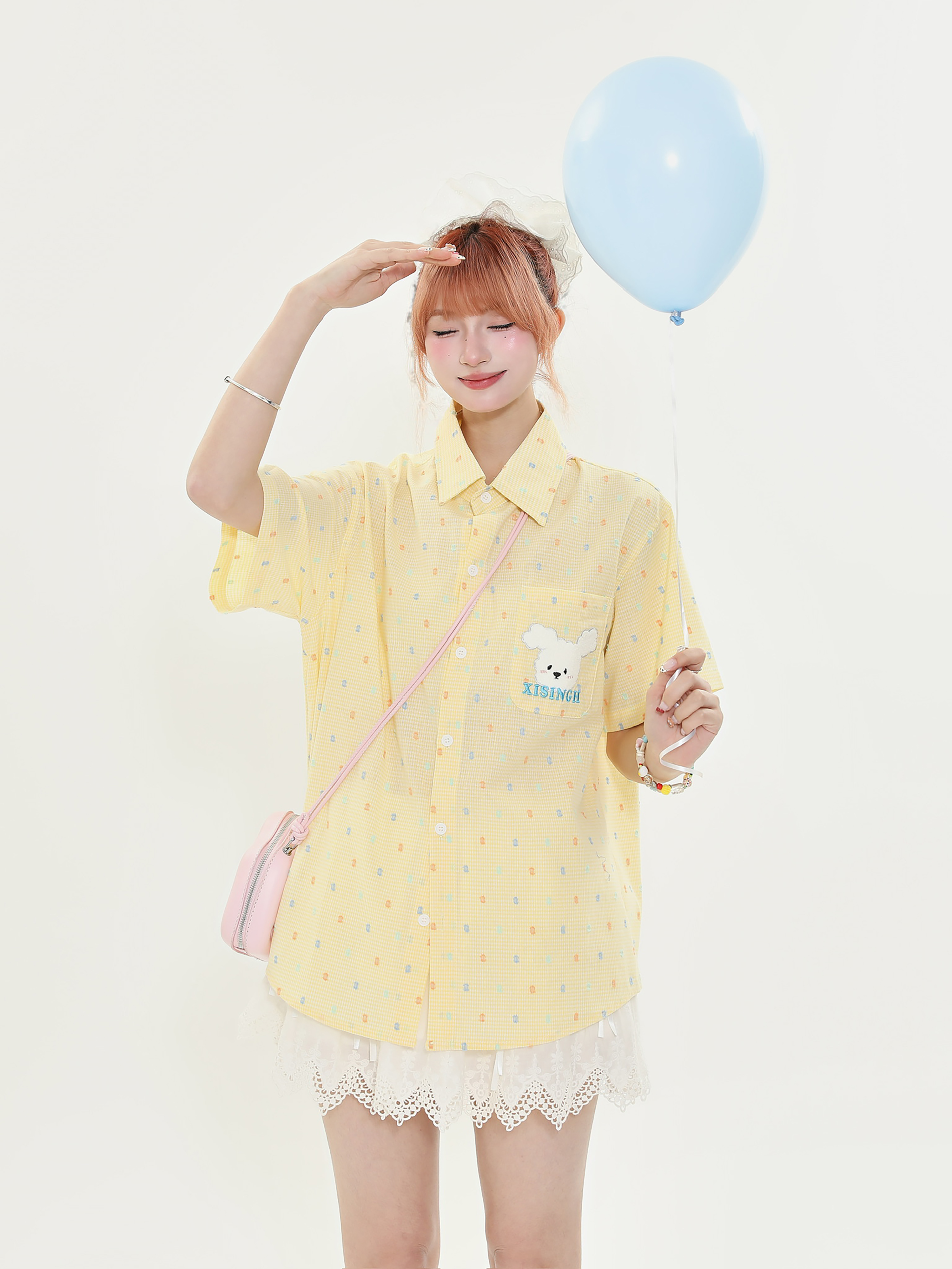 American Retro Fun Bear Embroidered Short Sleeve Shirt for Women in Milk Yellow Polka Dot College Style