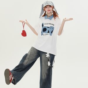 American Retro Fun Cat Embroidery Denim Collar Short Sleeve T-Shirt for Women - Loose Versatile Casual Top