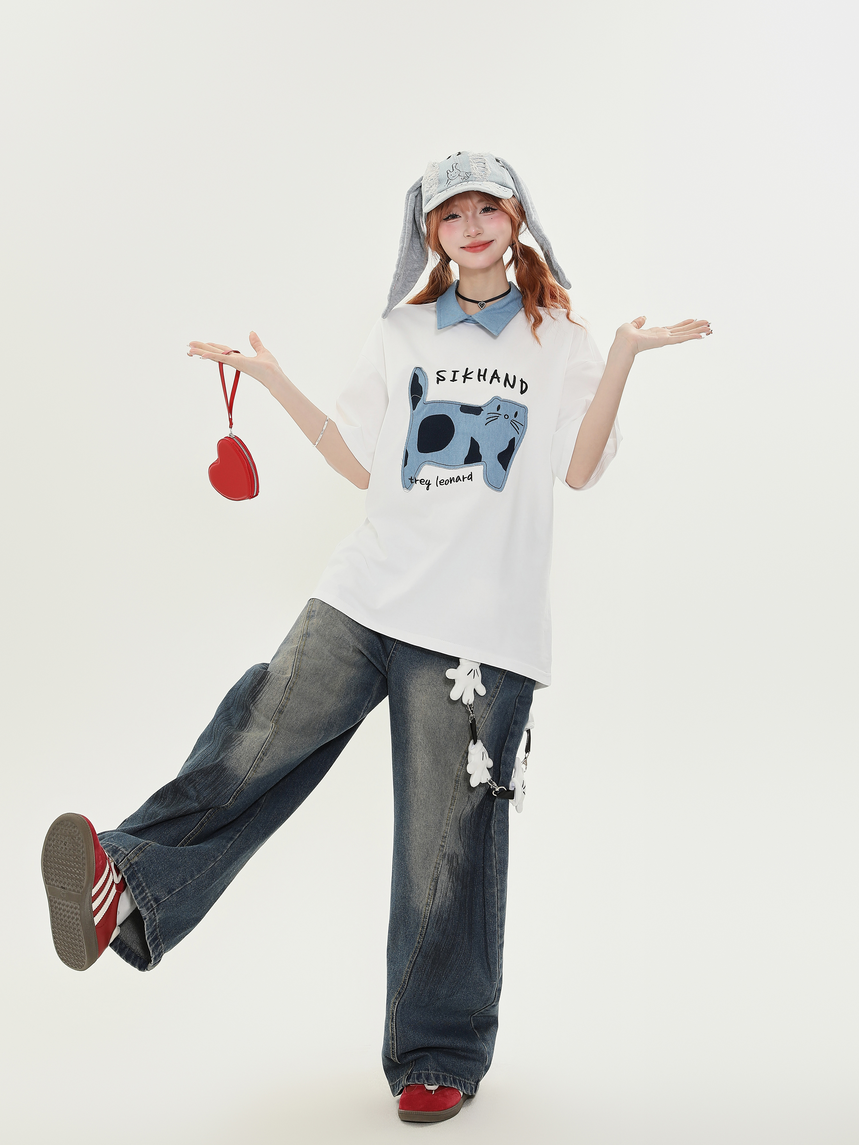 American Retro Fun Cat Embroidery Denim Collar Short Sleeve T-Shirt for Women - Loose Versatile Casual Top