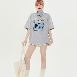 American Retro Fun Cat Embroidery Denim Collar Short Sleeve T-Shirt for Women - Loose Versatile Casual Top