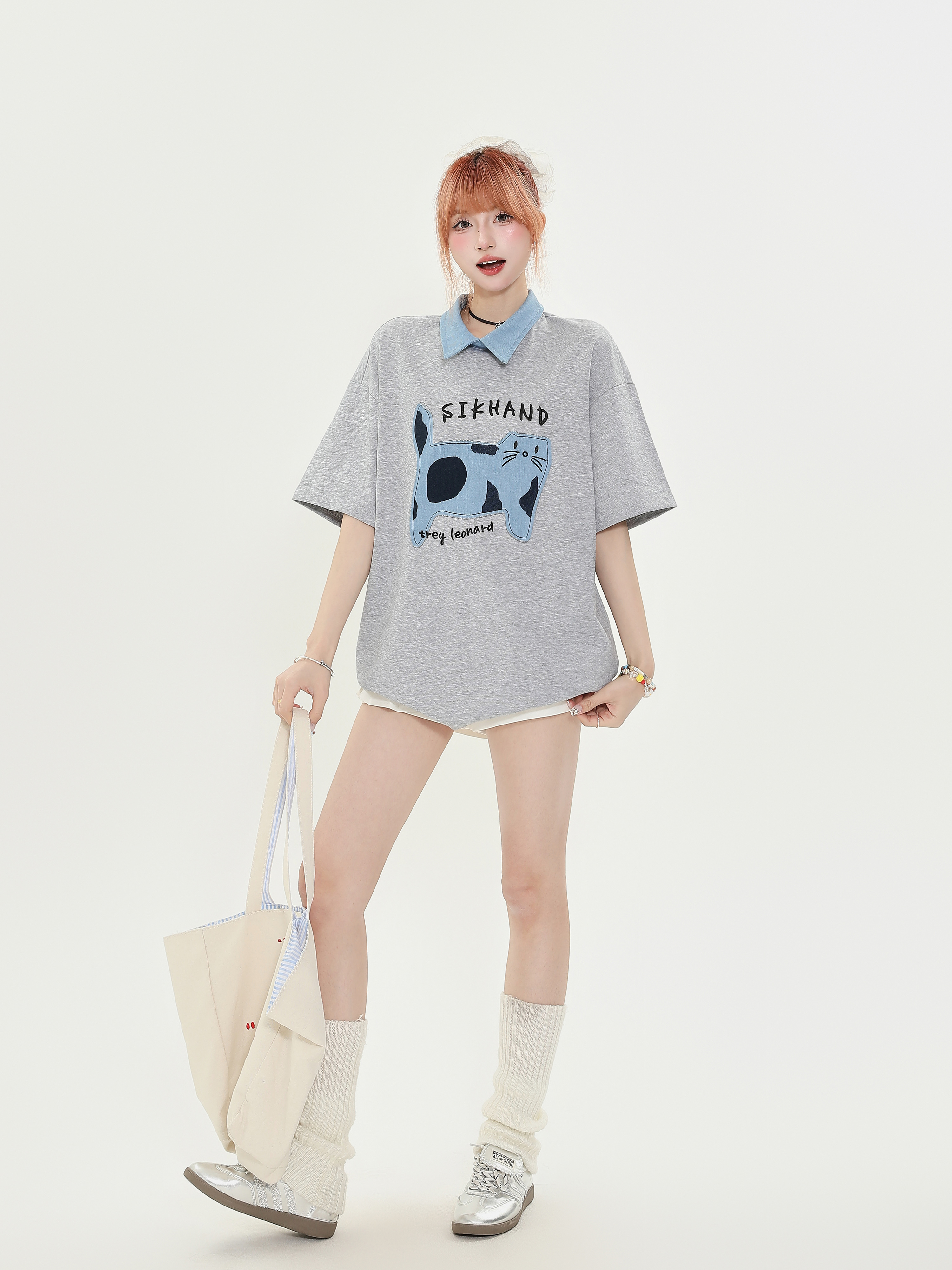 American Retro Fun Cat Embroidery Denim Collar Short Sleeve T-Shirt for Women - Loose Versatile Casual Top
