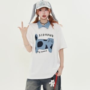 American Retro Fun Cat Embroidery Denim Collar Short Sleeve T-Shirt for Women - Loose Versatile Casual Top