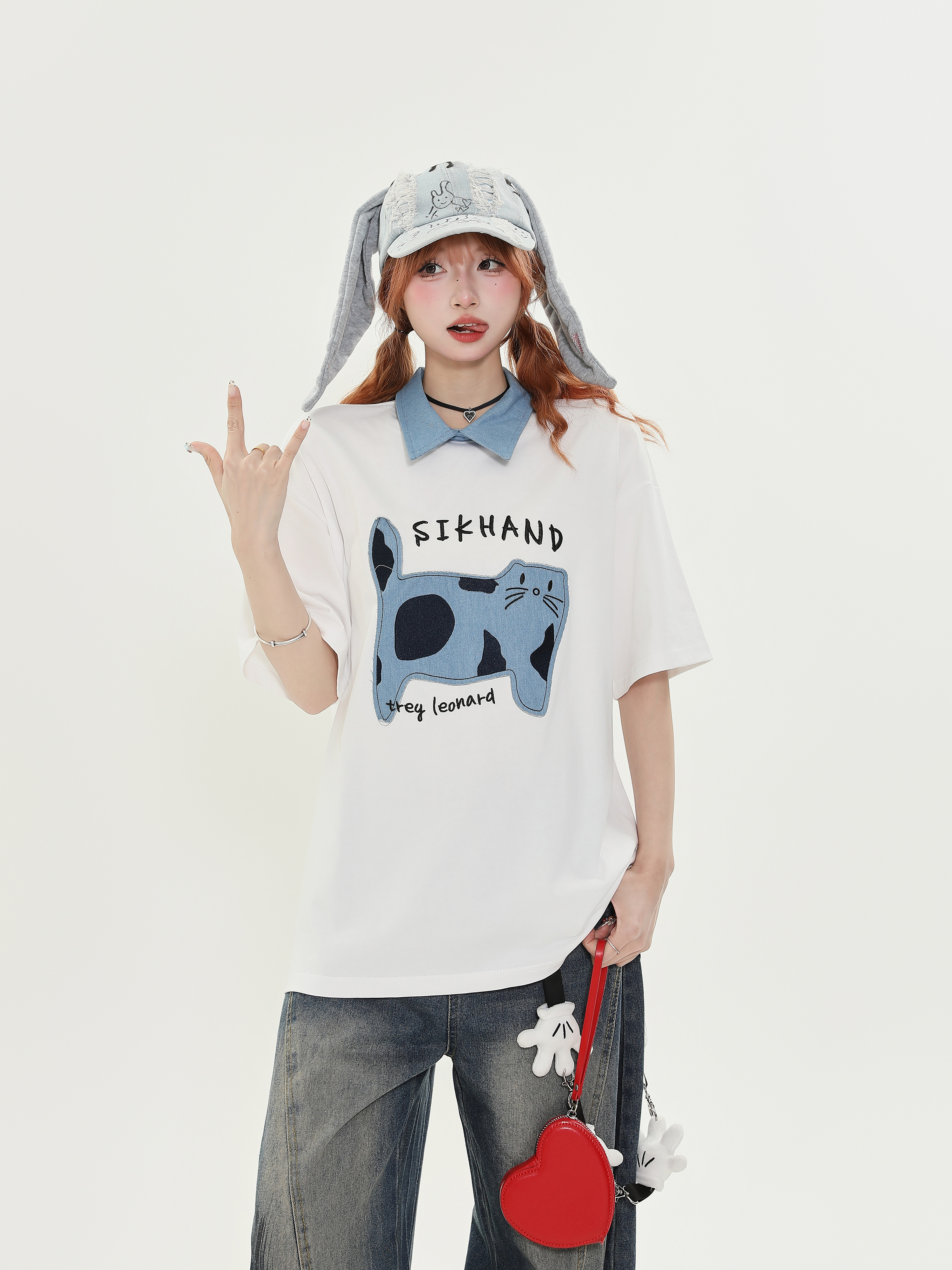 American Retro Fun Cat Embroidery Denim Collar Short Sleeve T-Shirt for Women - Loose Versatile Casual Top