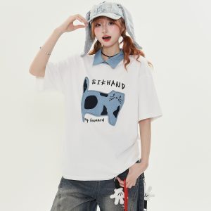 American Retro Fun Cat Embroidery Denim Collar Short Sleeve T-Shirt for Women - Loose Versatile Casual Top