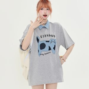 American Retro Fun Cat Embroidery Denim Collar Short Sleeve T-Shirt for Women - Loose Versatile Casual Top