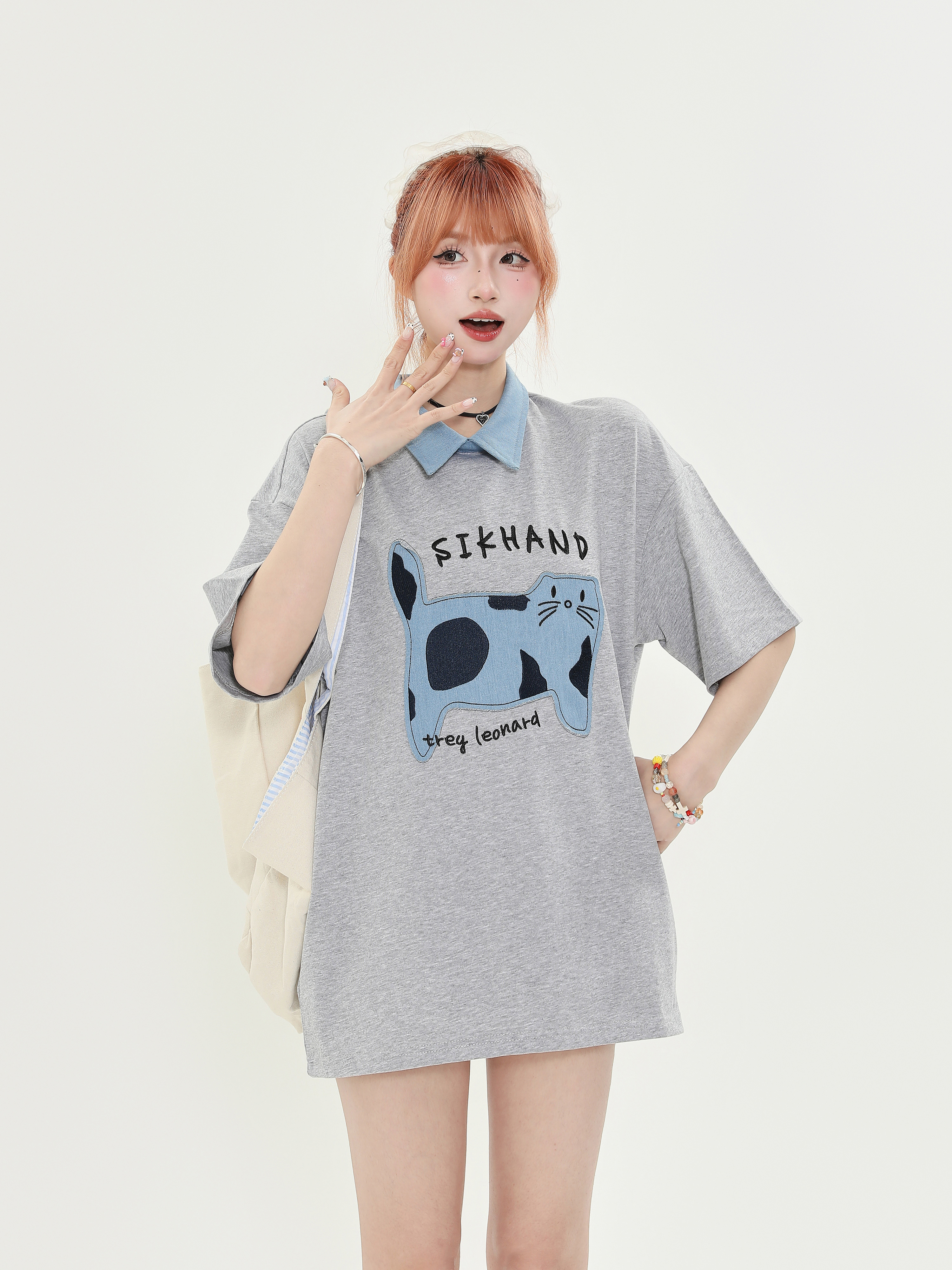 American Retro Fun Cat Embroidery Denim Collar Short Sleeve T-Shirt for Women - Loose Versatile Casual Top