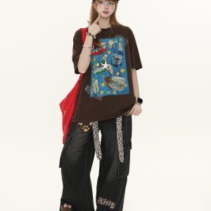 American Retro Fun Teeth Print Short-Sleeve T-Shirt for Women - Summer Loose Casual Versatile Top, Y2K Style