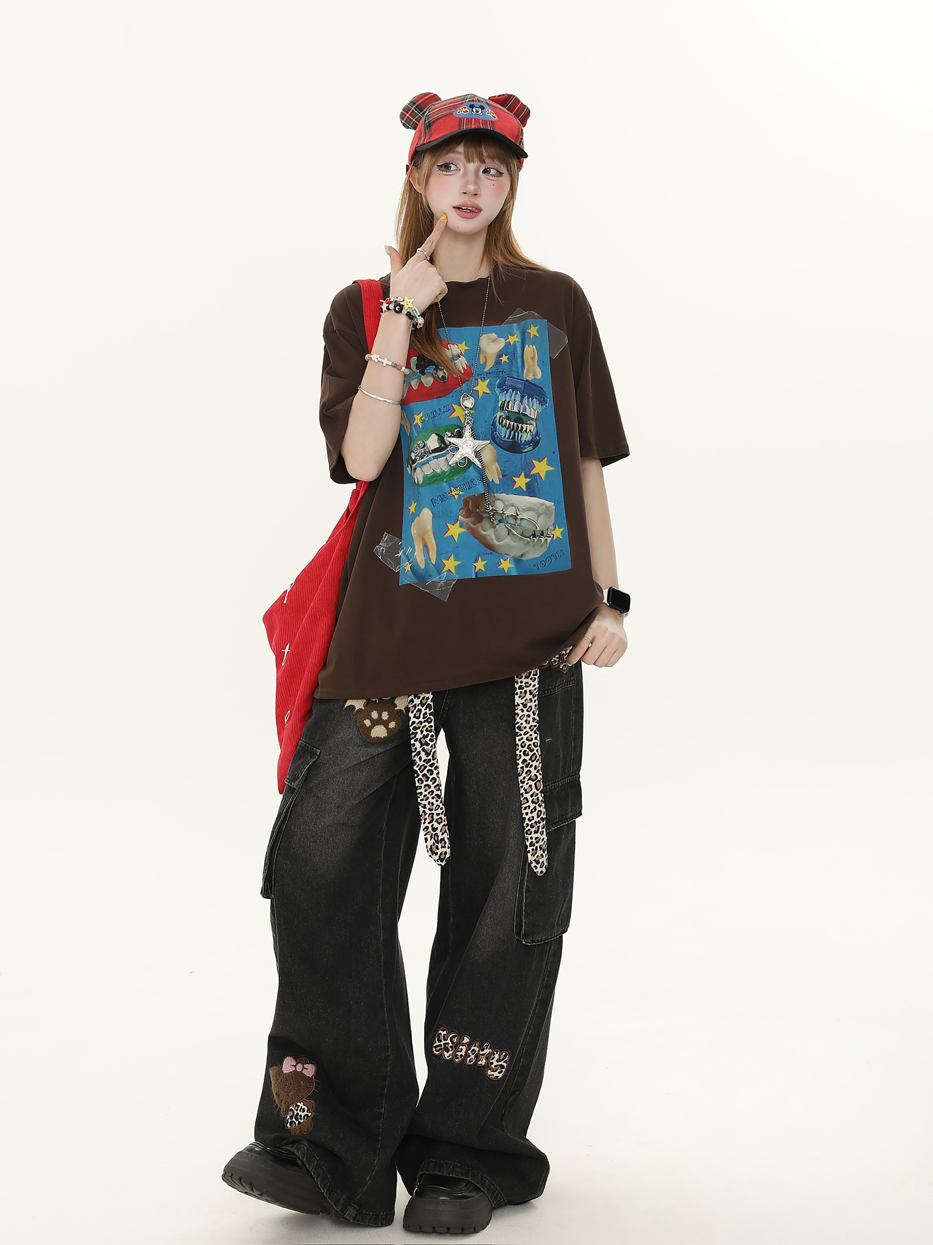 American Retro Fun Teeth Print Short-Sleeve T-Shirt for Women - Summer Loose Casual Versatile Top, Y2K Style