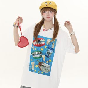 American Retro Fun Teeth Print Short-Sleeve T-Shirt for Women - Summer Loose Casual Versatile Top, Y2K Style