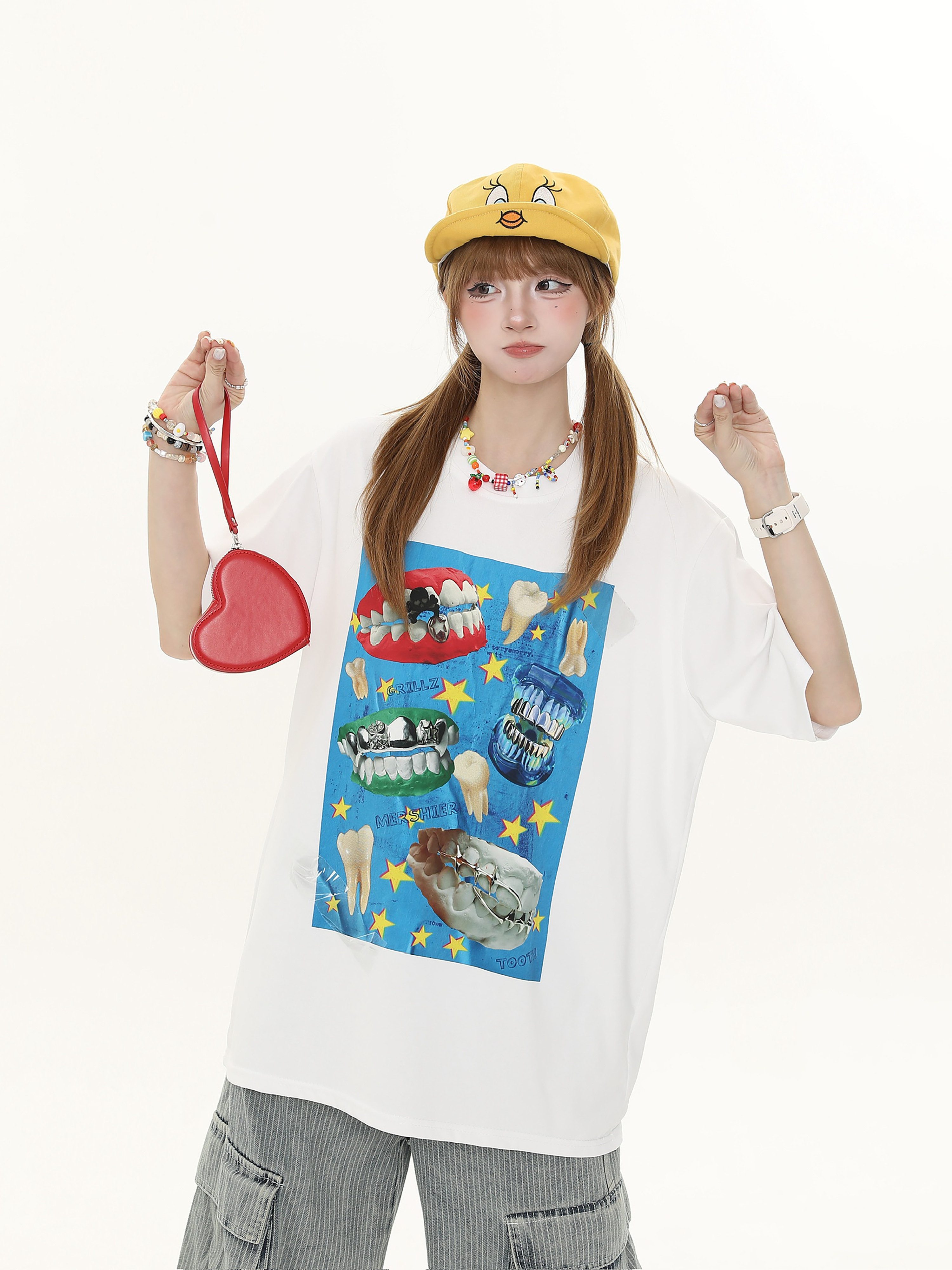 American Retro Fun Teeth Print Short-Sleeve T-Shirt for Women - Summer Loose Casual Versatile Top, Y2K Style