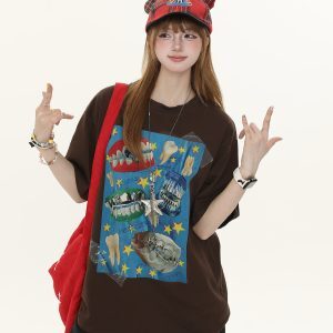 American Retro Fun Teeth Print Short-Sleeve T-Shirt for Women - Summer Loose Casual Versatile Top, Y2K Style