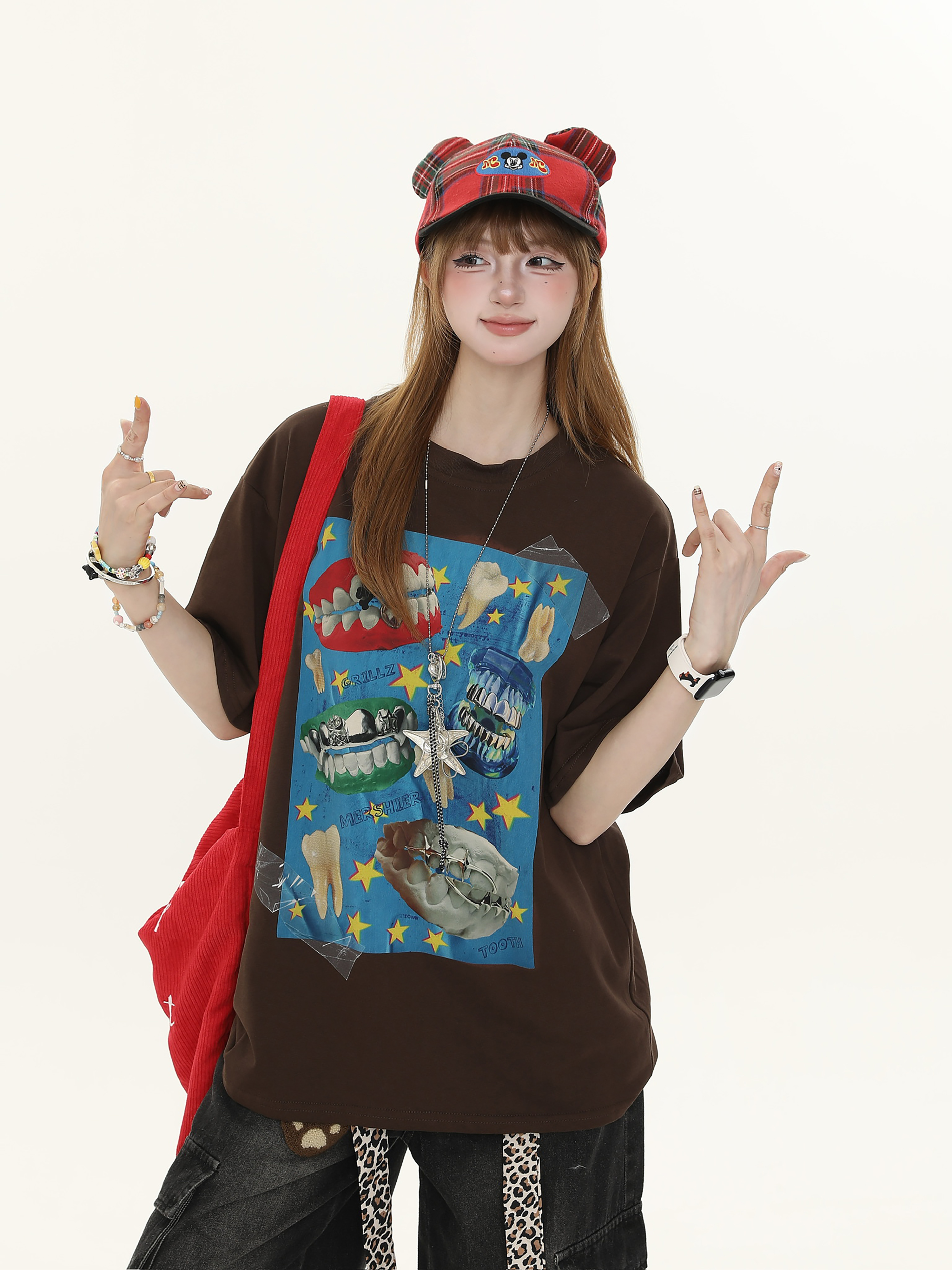 American Retro Fun Teeth Print Short-Sleeve T-Shirt for Women - Summer Loose Casual Versatile Top, Y2K Style