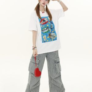 American Retro Fun Teeth Print Short-Sleeve T-Shirt for Women - Summer Loose Casual Versatile Top, Y2K Style