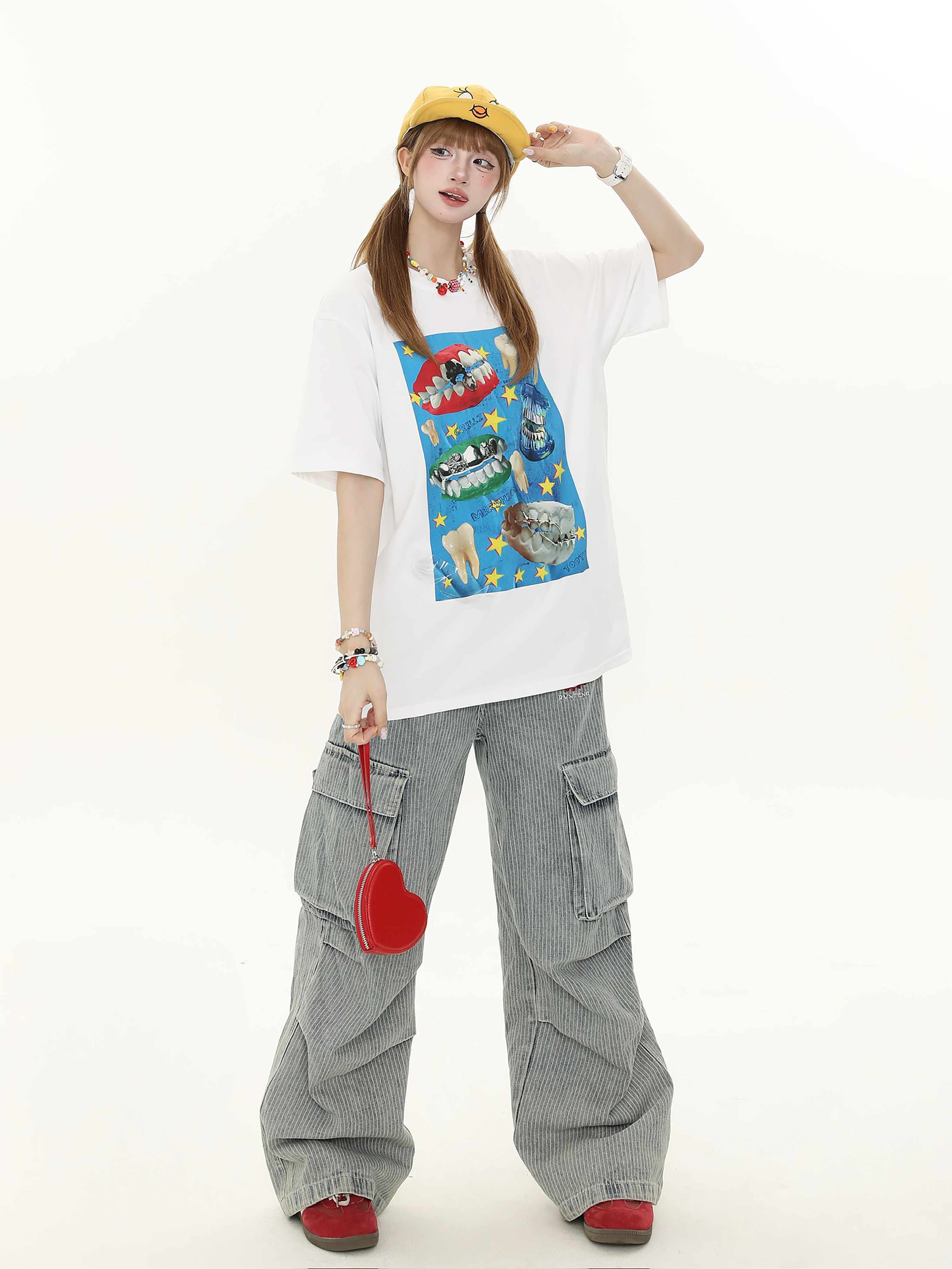 American Retro Fun Teeth Print Short-Sleeve T-Shirt for Women - Summer Loose Casual Versatile Top, Y2K Style