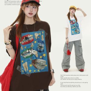 American Retro Fun Teeth Print Short-Sleeve T-Shirt for Women - Summer Loose Casual Versatile Top, Y2K Style