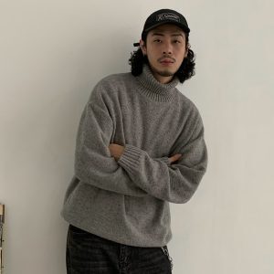 American Retro High-Neck Wool Knitted Sweater for Men, Loose Fit Japanese Style Pullover, Trendy Solid Color Fashion Top