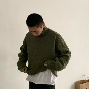American Retro High-Neck Wool Knitted Sweater for Men, Loose Fit Japanese Style Pullover, Trendy Solid Color Fashion Top
