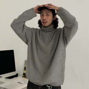 American Retro High-Neck Wool Knitted Sweater for Men, Loose Fit Japanese Style Pullover, Trendy Solid Color Fashion Top