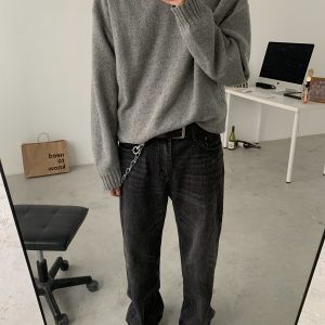 American Retro High-Neck Wool Knitted Sweater for Men, Loose Fit Japanese Style Pullover, Trendy Solid Color Fashion Top