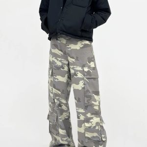 American Retro High Street Camo Pocket Cargo Pants - Wide-Leg Loose Fit Casual Style for Trendy 90s Aesthetic