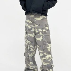American Retro High Street Camo Pocket Cargo Pants - Wide-Leg Loose Fit Casual Style for Trendy 90s Aesthetic