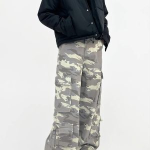 American Retro High Street Camo Pocket Cargo Pants - Wide-Leg Loose Fit Casual Style for Trendy 90s Aesthetic