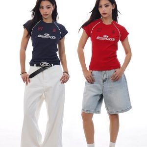 American Retro Jersey Short-Sleeve T-Shirt for Women - Summer Slim Fit Sports Casual Top, Y2K Style