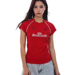 American Retro Jersey Short-Sleeve T-Shirt for Women - Summer Slim Fit Sports Casual Top, Y2K Style