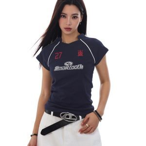 American Retro Jersey Short-Sleeve T-Shirt for Women - Summer Slim Fit Sports Casual Top, Y2K Style