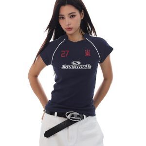 American Retro Jersey Short-Sleeve T-Shirt for Women - Summer Slim Fit Sports Casual Top, Y2K Style