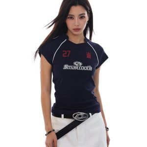 American Retro Jersey Short-Sleeve T-Shirt for Women - Summer Slim Fit Sports Casual Top, Y2K Style
