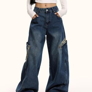 American Retro Leopard Print Spliced Curved Knife Denim Pants Unisex Hip-Hop Loose Wide-Leg Trousers