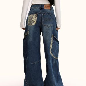 American Retro Leopard Print Spliced Curved Knife Denim Pants Unisex Hip-Hop Loose Wide-Leg Trousers